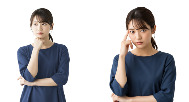 Young Asian Woman Thinking with Two Poses Showing Different Thoughtful Expressions on White Background