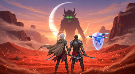 Fototapeta premium Two Heroes Facing a Demonic Creature under a Crescent Moon with a Futuristic Drone in a Red Alien Landscape