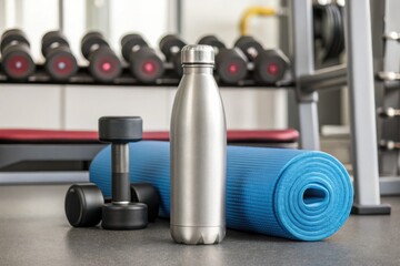 blank Reusable water bottle mockup Fitness equipment including a dumbbell, water bottle, and yoga mat on a gym floor, highlighting a healthy lifestyle.