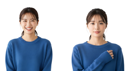 Side by side portraits of a beautiful young Asian woman expressing different moods: a wide cheerful smile and a serene, confident look with her hand on her chest, studio shot