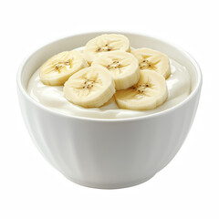 White ceramic bowl of yogurt topped with banana slices isolated on transparent background.