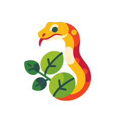 Colorful Cartoon Snake Illustration-Cute Snake with Red Tongue and Green Leaves-Modern Snake Graphic Design for Kids-Vibrant Reptile Art
