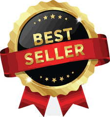 Luxurious "Best Seller" golden badge with stars and red ribbon, perfect for highlighting top-rated products.

