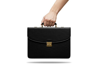 A person holding a black leather briefcase with a gold latch against a white background studio shot