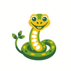 Fototapeta premium Cute Green Cartoon Snake Illustration- Friendly Reptile Character with Big Eyes- Perfect for Kids Books or Educational Resources- Download Now
