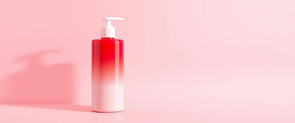 Three gradient lotion bottles in pink, red, and coral tones on a soft pink background,   beautycare,   tone