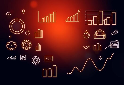 Thin line icons depicting business analytics, data, charts, graphs, and stock market elements,  progress,  data analysis