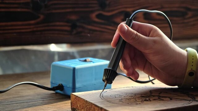 Burn out the picture. Woodburning or pyrography. An artist drawing on a wooden plank with pyrograph. Wood burning ASMR creative hobby. Art class workshop. Creative activity. High quality 4k footage.