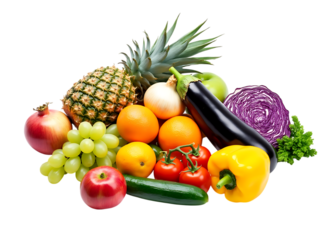 Assortment of fresh fruits and vegetables including pineapple apples oranges eggplant