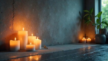 Serene Candlelight Soft Shadows and Textured Walls Create a Peaceful Atmosphere Ideal for Meditation, Yoga, and Mindfulness Practices