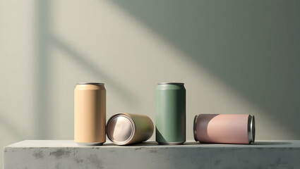 Naklejka premium Elegant Display of Matte Aluminum Cans in Earthy Tones, Perfect for Modern Product Mockups and Sophisticated Design Compositions