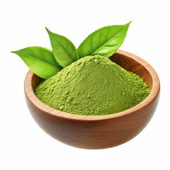 Wooden bowl filled with matcha green tea powder and fresh tea leaves isolated on transparent background.