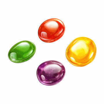 Four colorful glossy hard candies isolated on transparent background.