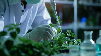 Scientist examining plant extract with pipette in laboratory for medical research and development work 