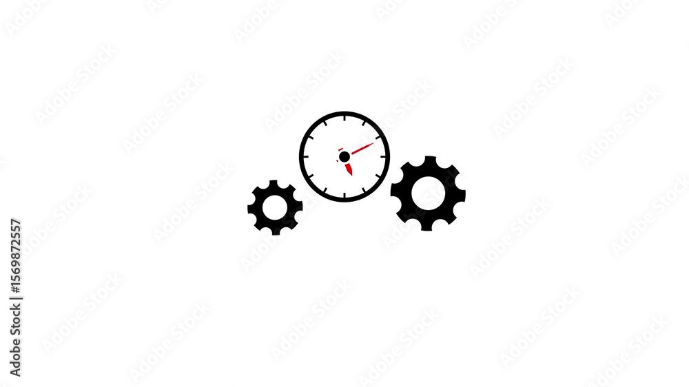 Poster Conceptual time and progress representation with gears and speedometer. Speedometer and clock animation. Rotating gears and cogwheels