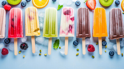 
Selection of bright multicolored ice cream popsicle. Various gelato, frozen lollypops - chocolate vanilla blueberry strawberry pistachio orange, with crushed ice on light blue sunny background 