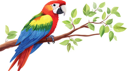 Fototapeta premium Colorful Scarlet Macaw Perched on a Branch with Green Leaves Illustration