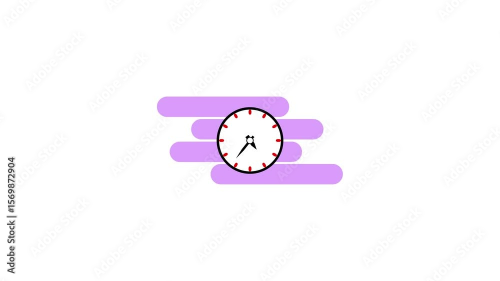 Poster stylized clock design with purple background represents time concepts and duratio. clock animation. 