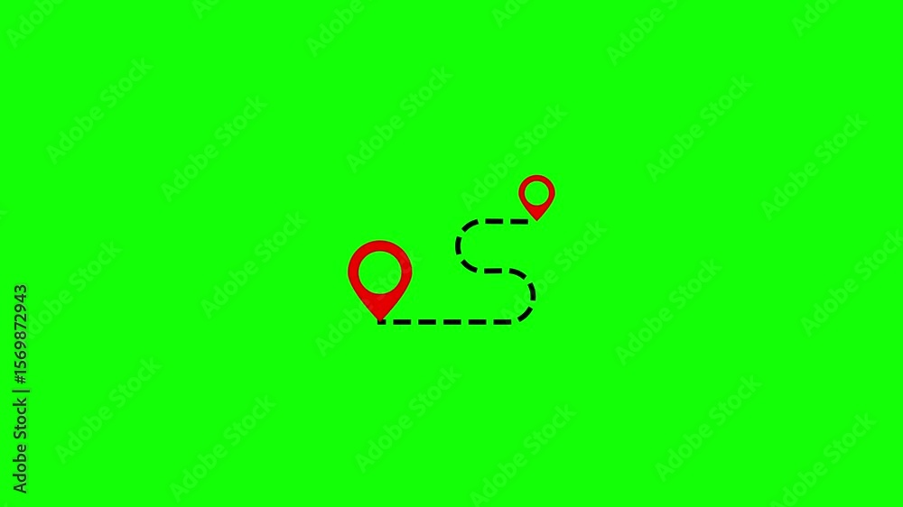 Poster animated route illustration featuring red location pins and dotted path on green screen. route map a