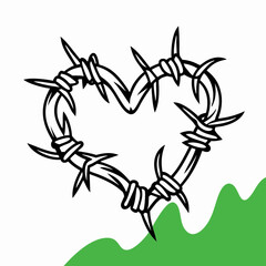 Barbed Wire Heart Tattoo Design, Black Ink, Green Background