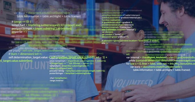 Volunteer lifting plastic bin and starting can sorting in charity hub with animated code overlay