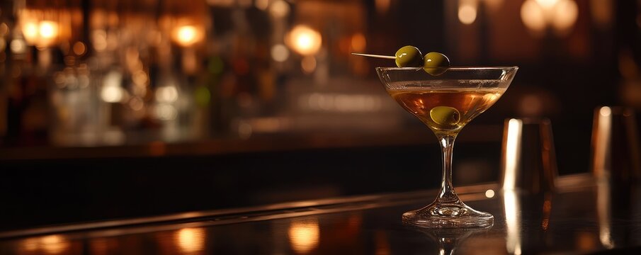 A close-up of a classic vodka martini garnished with green olives, served in an elegant cocktail glass on a sleek bar counter with warm ambient lighting.