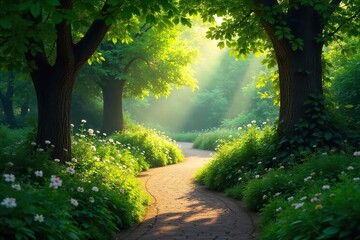 Serene Winding Garden Path Lush Greenery, Sunlight Dapples Leaves, Peaceful Oasis