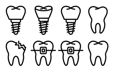Dental Care Icon Set – Tooth Implants, Braces, and Damaged Teeth in Line Style