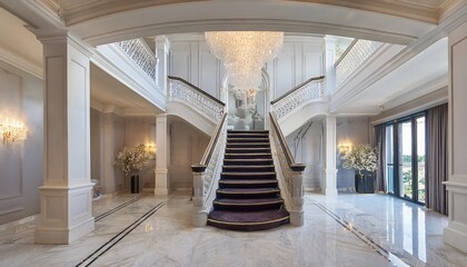 grand double staircase with crystal chandelier and white marble floors architectural interior design of a luxury house tall ceilings central balcony and large glass windows