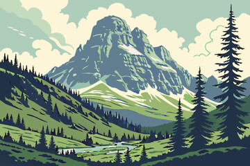 Fototapeta premium Majestic mountain range with winding river and pine trees