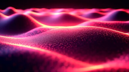 Abstract pink and purple wavy landscape with glowing lines and particle effects - Powered by Adobe
