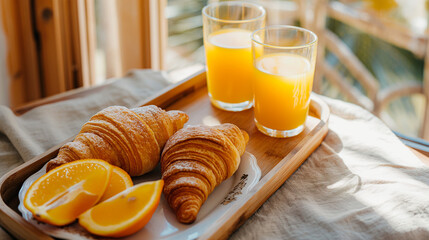 Sunny Breakfast Tray with Croissant and Orange Juice,hospitality and breakfast concept, weekend breakfast inspiration, fresh juice and bakery combo, peaceful morning tray image