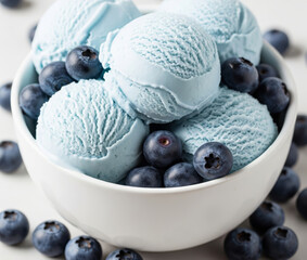 Close-up of a white bowl filled with three scoops of blueberry ice cream, garnished with a blueberry berries. 