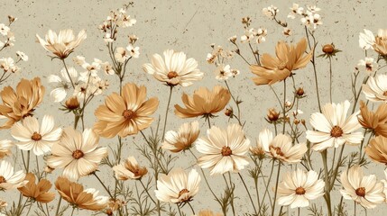 Vintage-inspired floral arrangement of cosmos flowers in cream, white, and golden-brown hues against a textured gray-beige background, showcasing varied bloom stages.