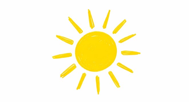 Sun isolated on white background, childlike drawing, yellow
