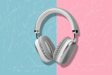 Modern art collage with headphones. Concept of good and quality music	