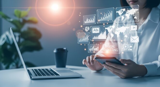 Woman using phone, digital marketing data