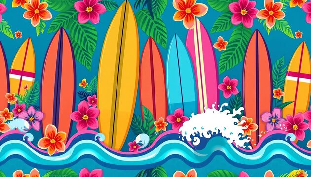 Vibrant cartoon surfboards, tropical flowers, and waves in a vintage seamless pattern,  parrot,  style