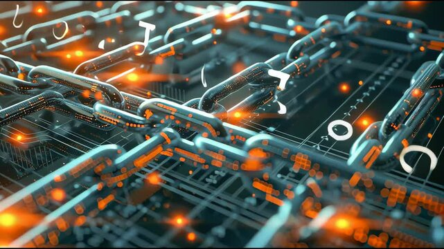 High-Tech Blockchain Supply Chain Animation with Dynamic Encryption Icons, Distributed Ledger Metaphors, and Cryptocurrency Traceability Visualization.