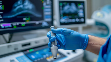 Ultrasonography (USG) hand holding ultrasound probe and coupling gel prepare for diagnostic.