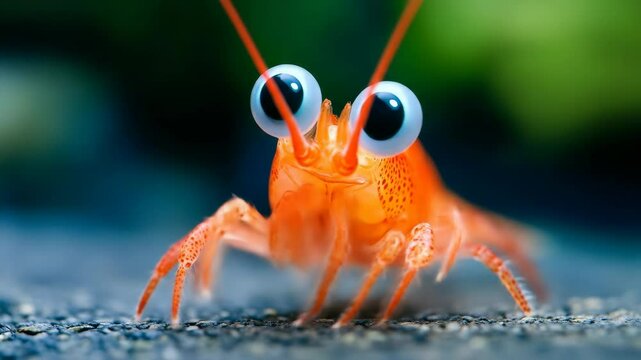 Playful Orange Shrimp with Big Eyes - A close-up shot of a vibrant orange shrimp with comically large eyes. The shrimp is positioned on a dark gray surface, with a blurred green and blue background.