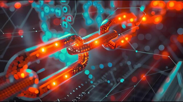 Interactive Blockchain Interface Animation Symbolizing Transparency and Traceability in Cryptocurrency Supply Chains with Dynamic Chain Metaphors and Moving Icons.