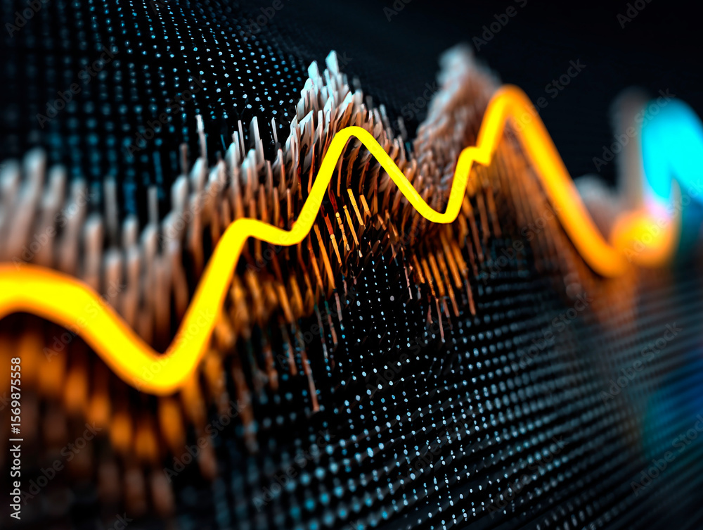 Poster glowing orange digital waveform over a dynamic 3d data grid with illuminated points, symbolizing tec
