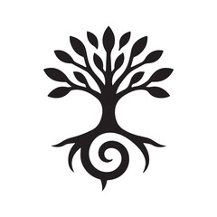 Fototapeta premium A black silhouette of a tree with leaves and spiral roots on a white background in a simple design