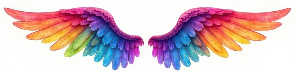 Fototapeta premium Abstract rainbow wings, vibrant hues, isolated white background , graphic, spiritual