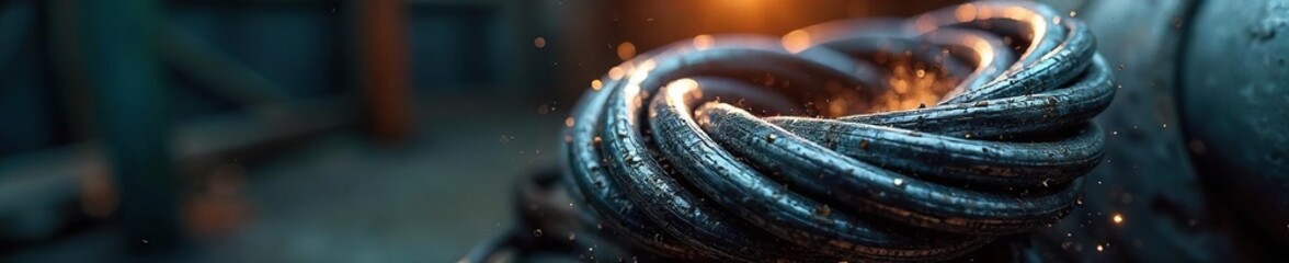Intricate Metallic Coil Close-up Industrial Texture Reflecting Light, Perfect for Engineering, Technology, or Abstract Design Themes