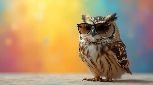 Stylish owl with sunglasses posing in front of colorful abstract background video clip