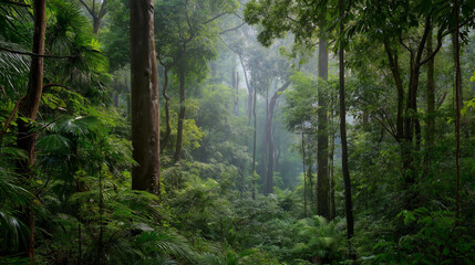 Obraz premium Lush tropical jungle in Southeast Asia during August. Dense green rainforest, exotic foliage, humid climate, and rich biodiversity. Perfect nature background and travel concept