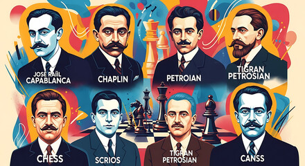 Portraits of prominent chess players from the early 20th century, displayed with chess pieces.