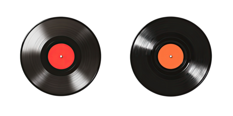 Two vinyl records, one red, one orange label
